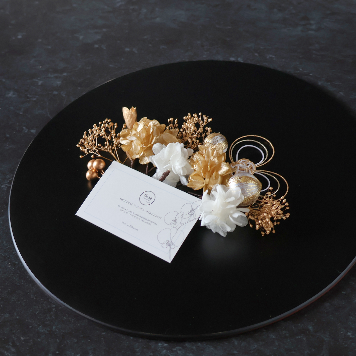 No.259｜紫陽花とハート水引のヘッドドレス（白×金）｜成人式・卒業式・振袖・袴に