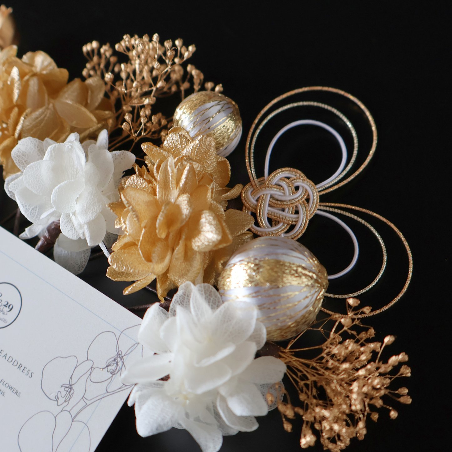 No.259｜紫陽花とハート水引のヘッドドレス（白×金）｜成人式・卒業式・振袖・袴に