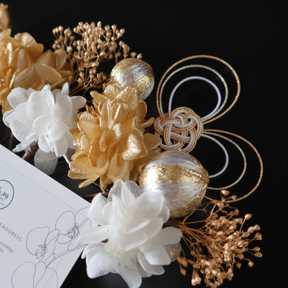 No.259｜紫陽花とハート水引のヘッドドレス（白×金）｜成人式・卒業式・振袖・袴に