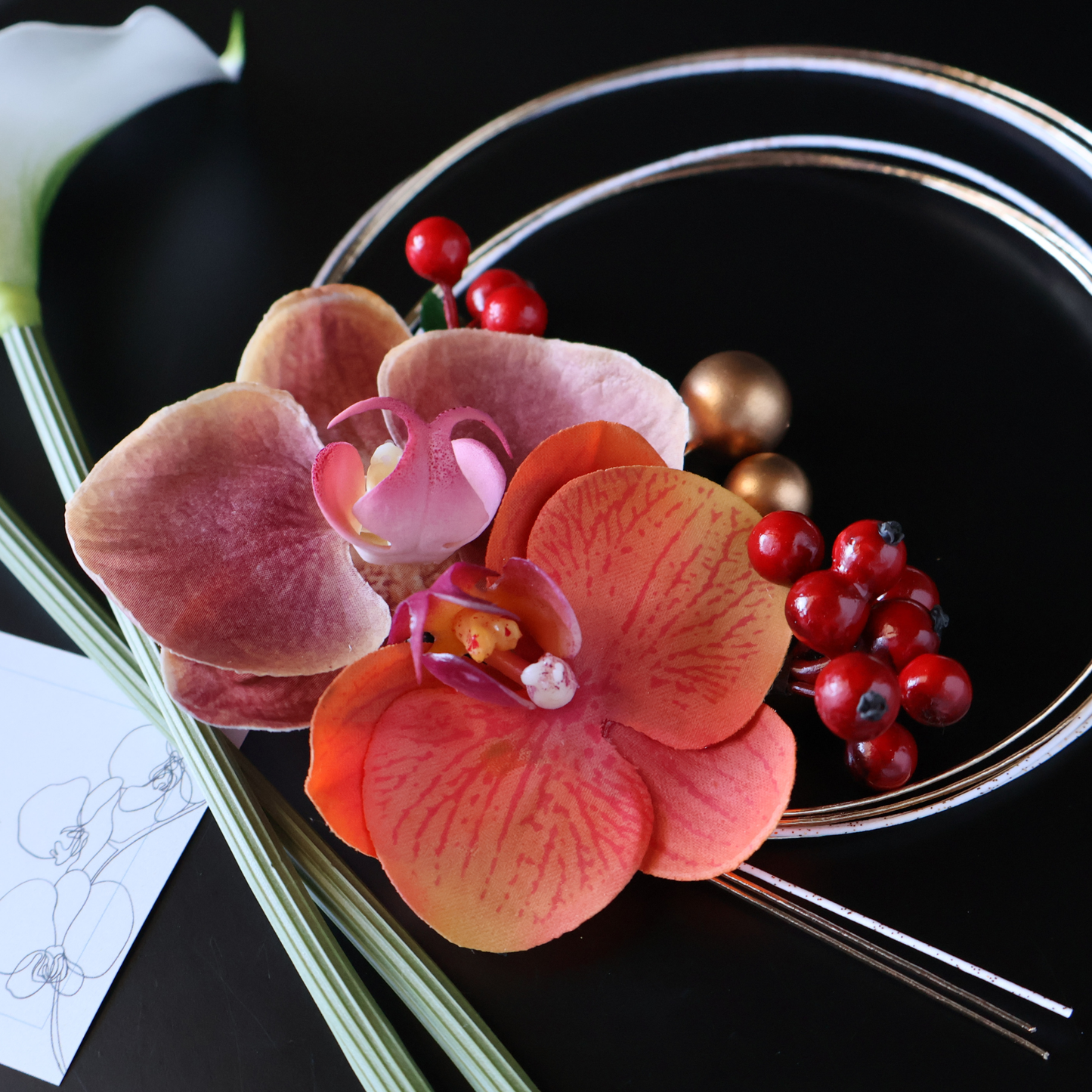 No.235｜カラーリリーと胡蝶蘭の髪飾り（オレンジ）｜結婚式・成人式・卒業式に